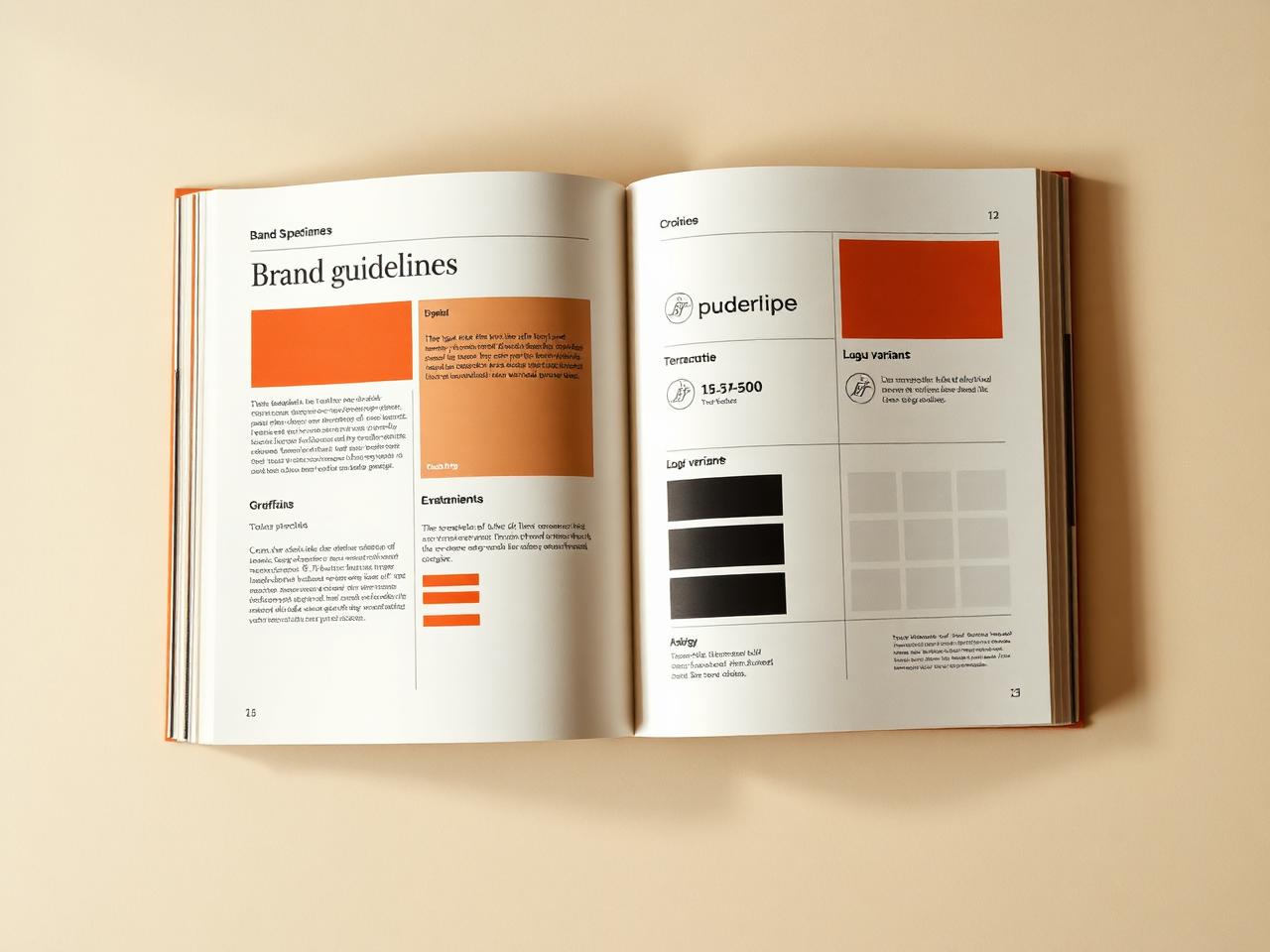 Double page d'une charte graphique ouverte montrant typographies, swatches couleur terracotta et variantes de logo — exemple d'identité visuelle documentée par Marion Balsaux, directrice artistique freelance en Belgique