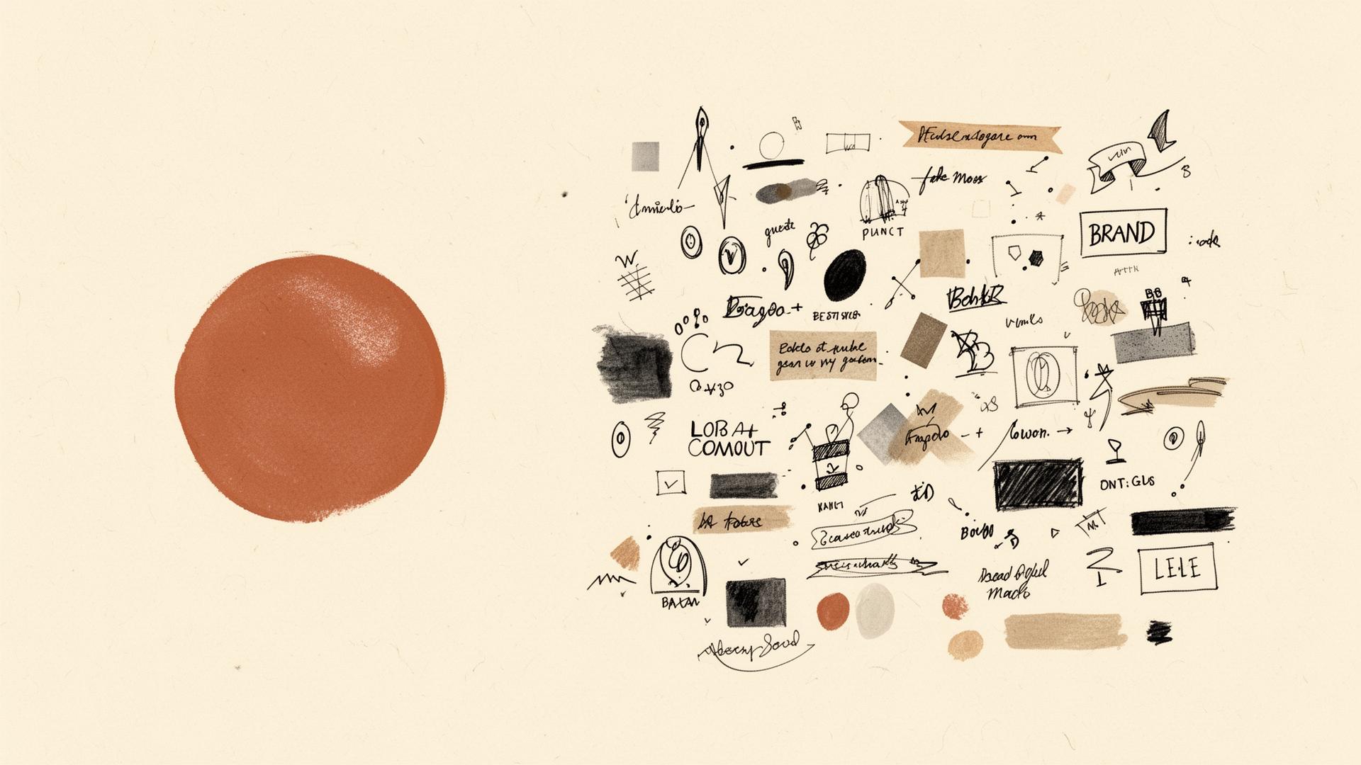 Illustration éditoriale terracotta opposant un logo simple à un système de marque complet — identité visuelle par Marion Balsaux, graphiste et directrice artistique freelance en Belgique