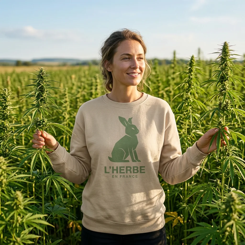 Filière chanvre — sweat L'Herbe en France porté au champ