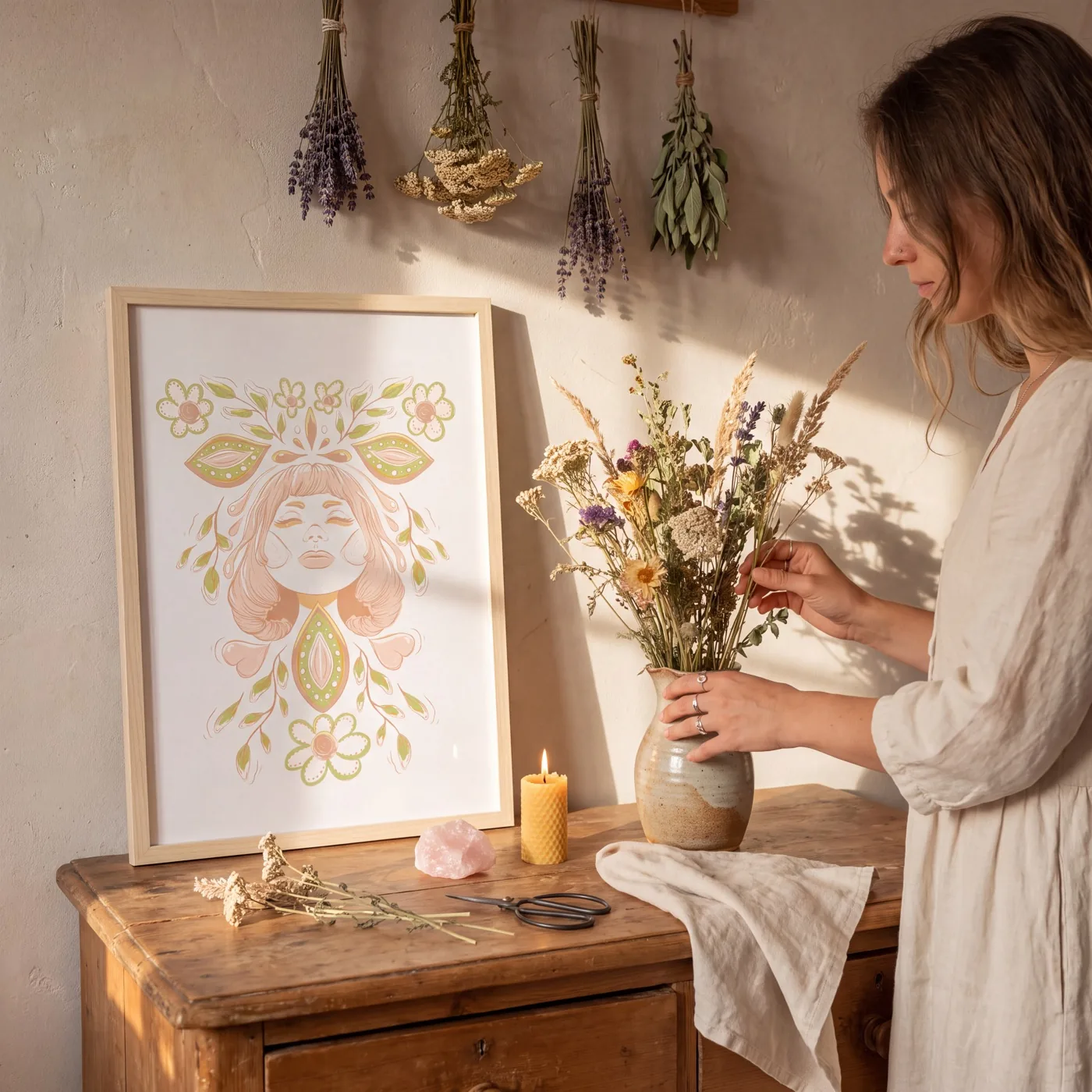 Affiche Florine encadrée dans un intérieur, fleurs séchées