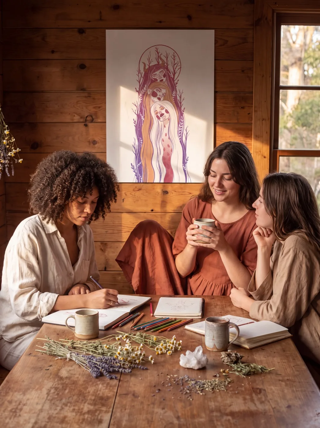 Affiche Triade dans un atelier, trois femmes qui dessinent