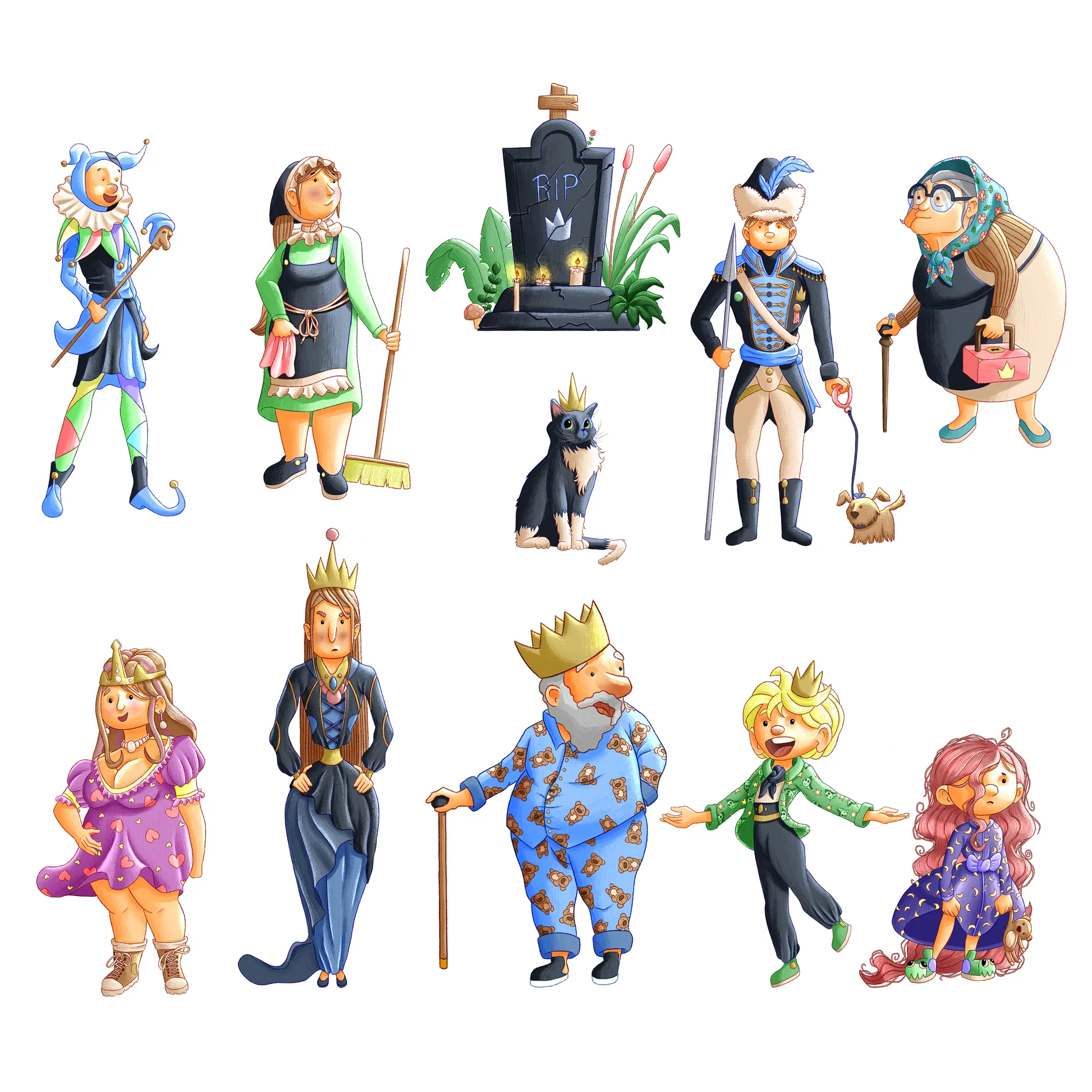Planche de personnages — arlequin, servante, soldat, roi, reines, enfants, chat