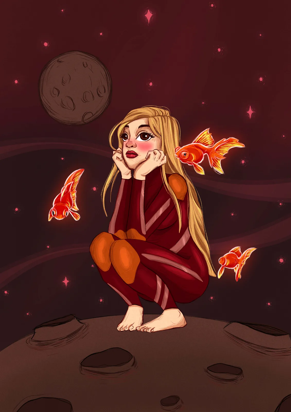Illustration — jeune femme et poissons rouges lumineux sur une lune