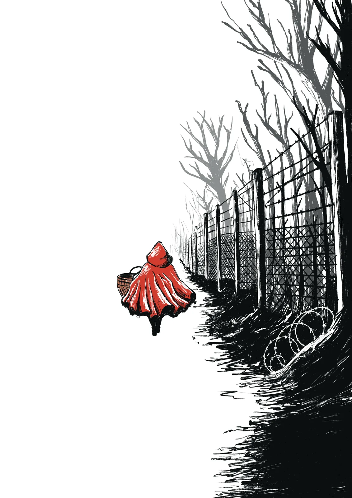 Illustration — chaperon rouge longeant un grillage, encre noire et rouge