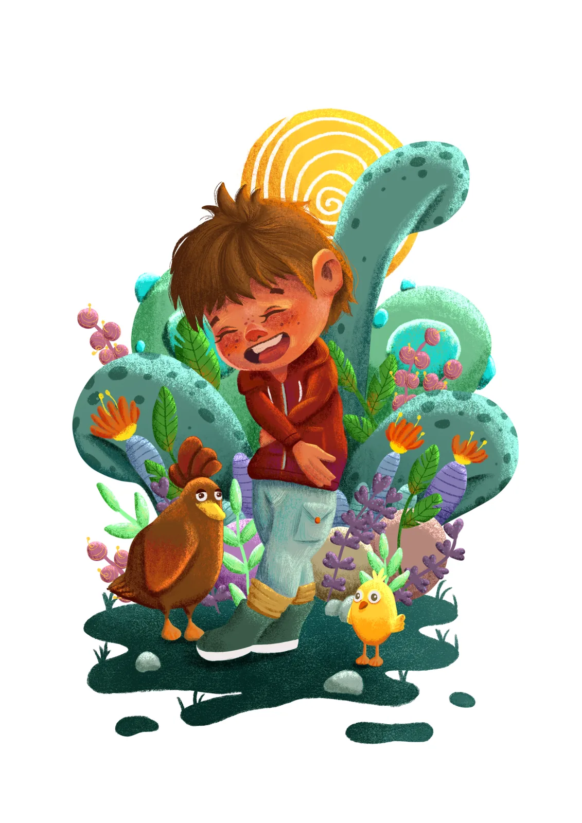 Illustration jeunesse — enfant rieur dans un jardin, poule et poussin