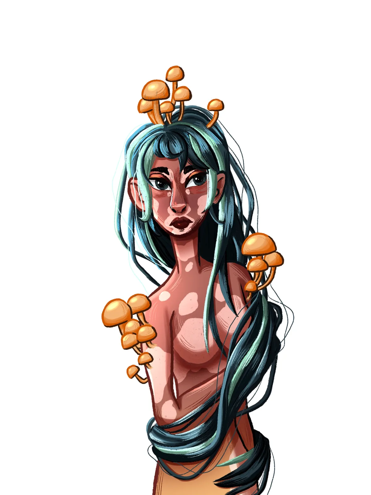 Illustration — figure féminine et champignons, cheveux sombres