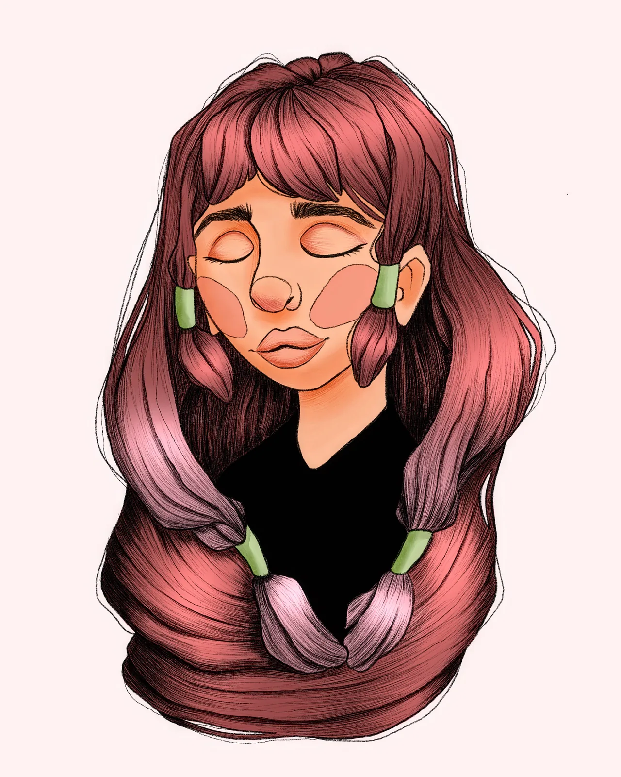 Portrait illustré — jeune femme aux longs cheveux roses, yeux clos