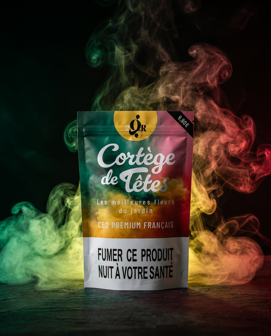 La Lucha Sigue — doypack CBD sur fond noir avec fumées colorées