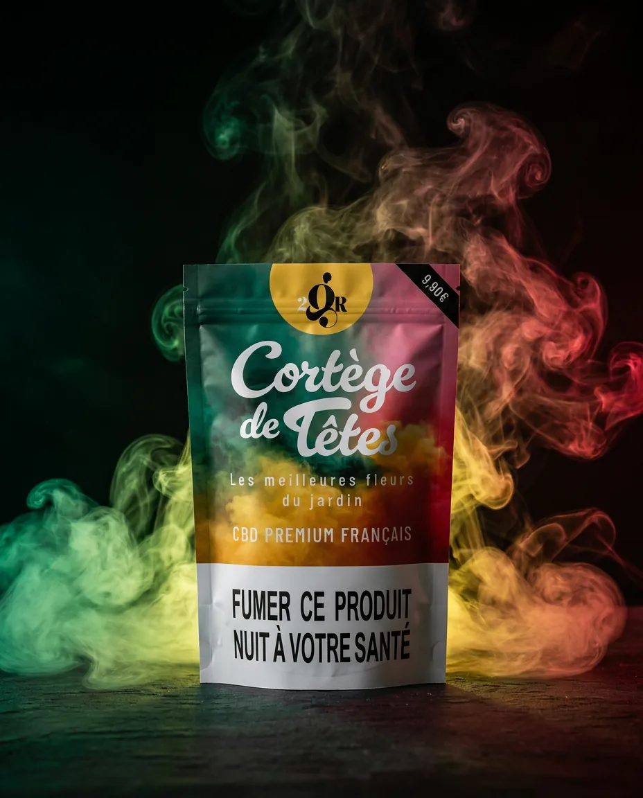 La Lucha Sigue — doypack CBD sur fond noir avec fumées colorées