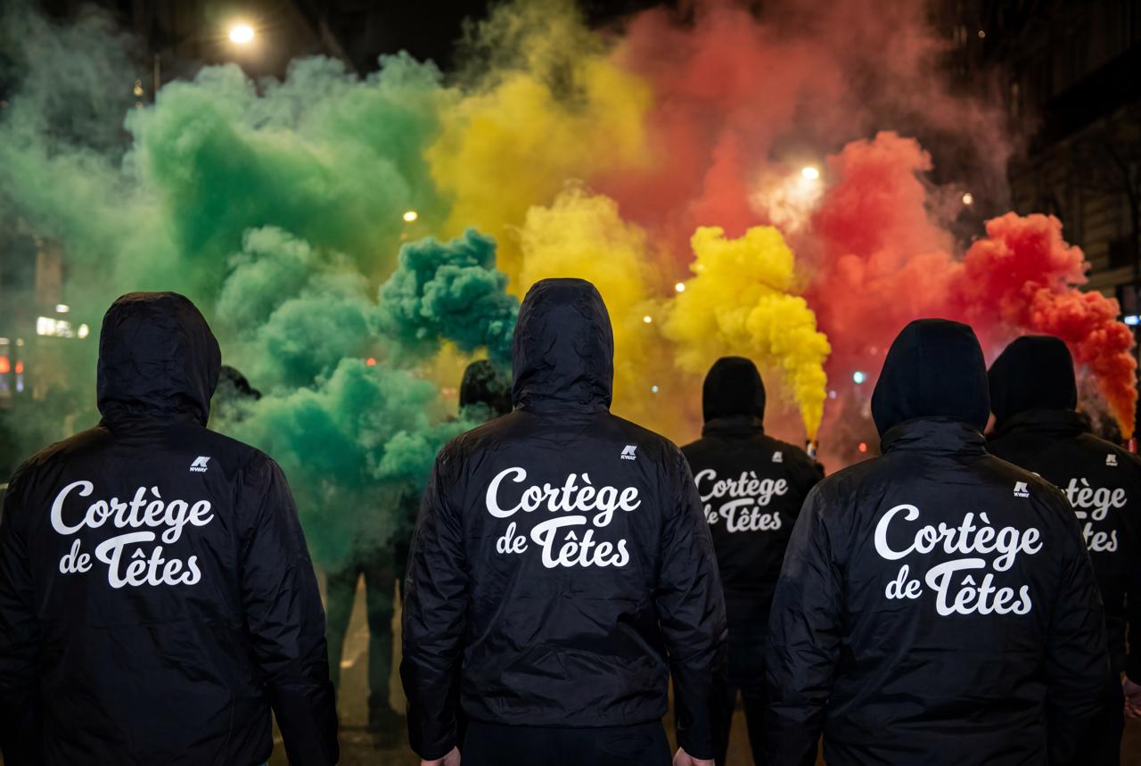 La Lucha Sigue — cortège de Têtes, vestes floquées et fumigènes