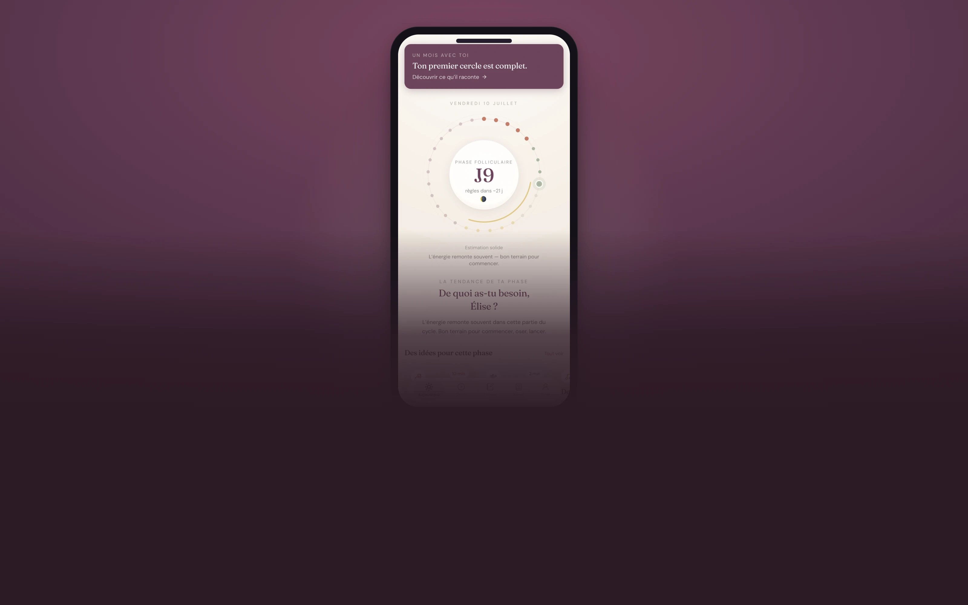 Lunéa — l'application présentée sur mobile, avec le cercle de cycle