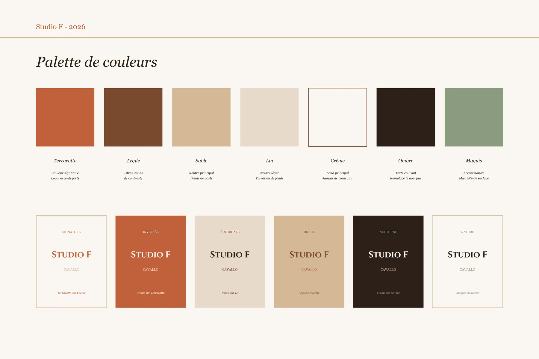 Studio F — palette chromatique et univers de matières