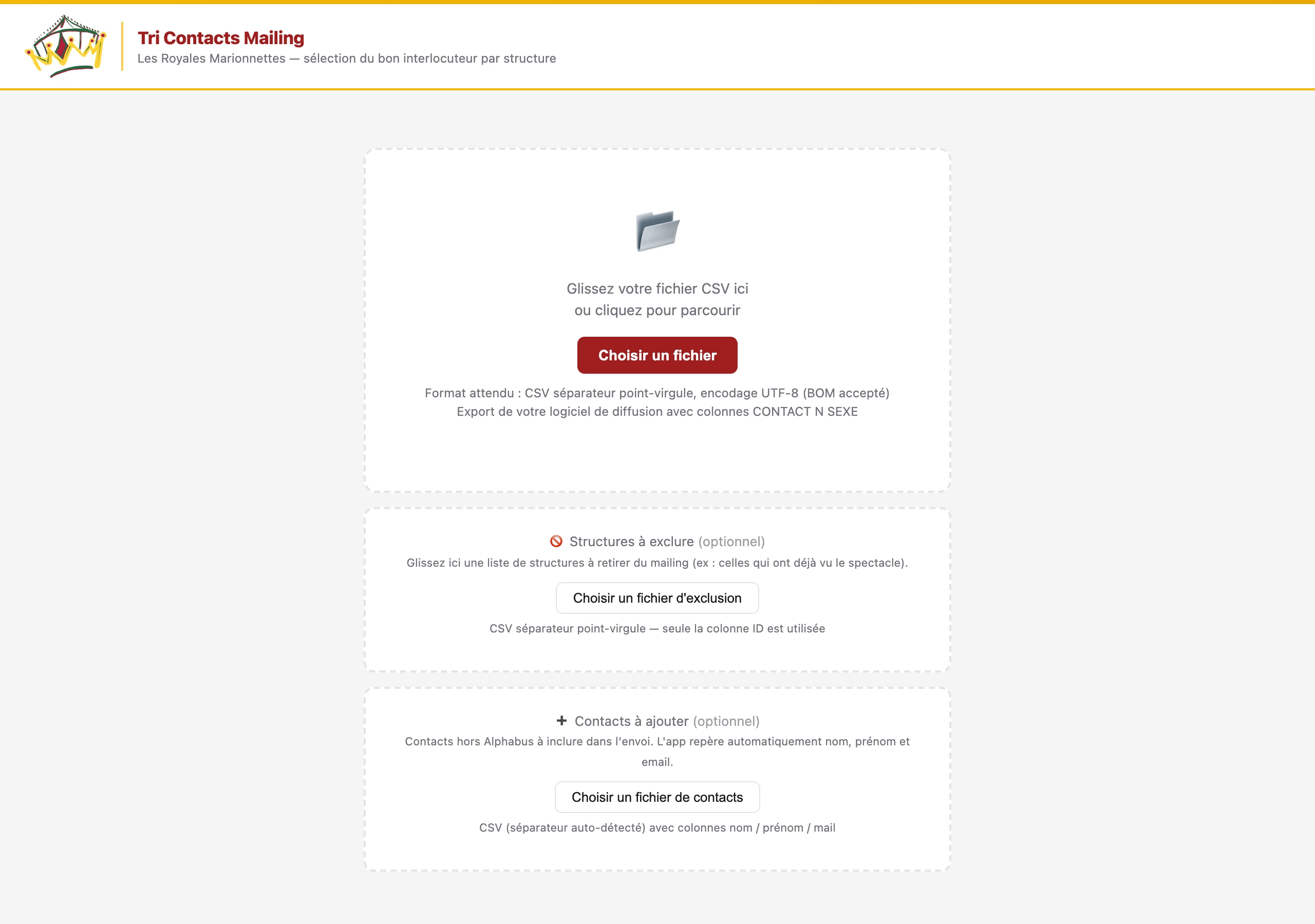 Tri Contacts Mailing — zones d'import et options de tri
