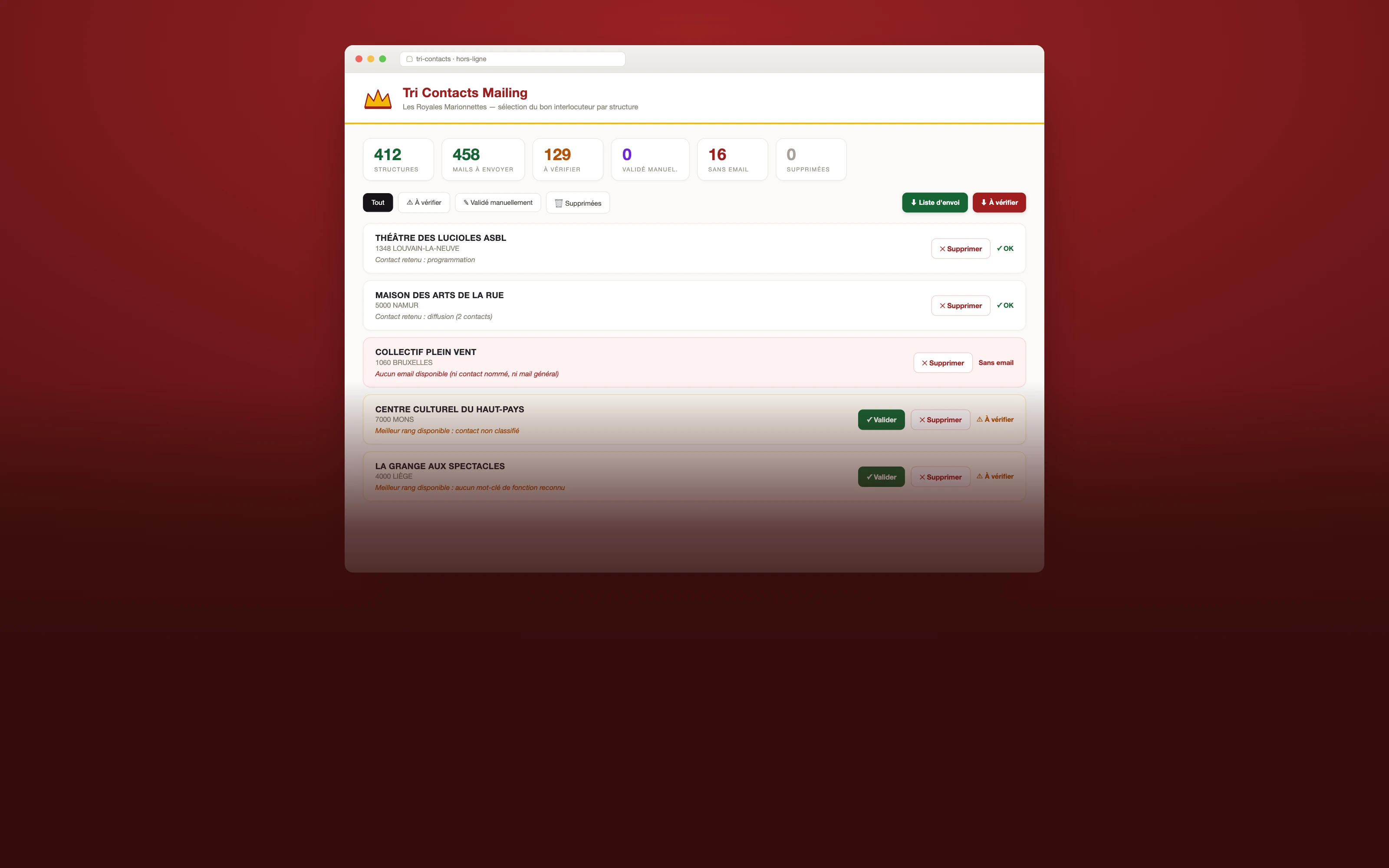 Tri Contacts Mailing — l'outil affichant les structures triées et leurs états