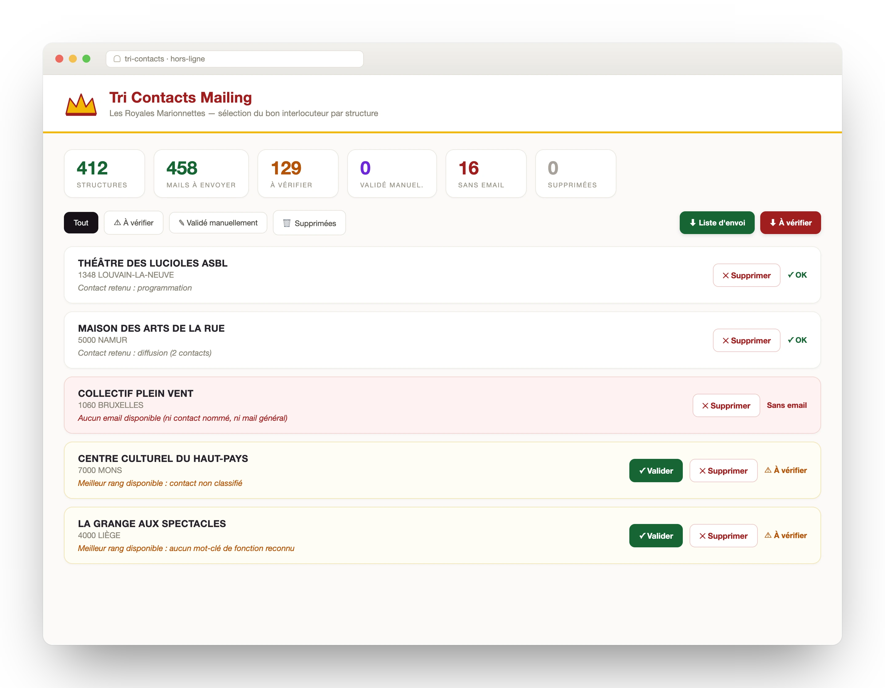 Tri Contacts Mailing — liste de structures avec leur contact retenu et leur état